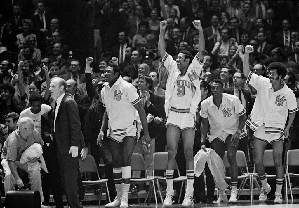 May 8, 1970: New York Knicks on the sideline celebrate winning the NBA Championship, 113-99, against the Los Angeles Lakers at Madison Square Garden.